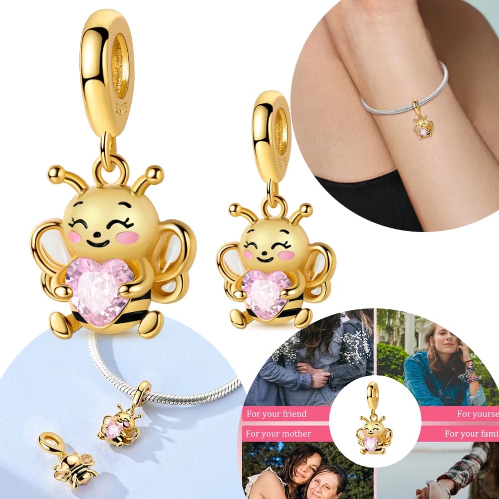 Original 925 Silver Golden Pendant Animal Bee Pink Heart Bead Fit Bracelet Women Jewelry Diy Accessory Child Friend Fine Gift