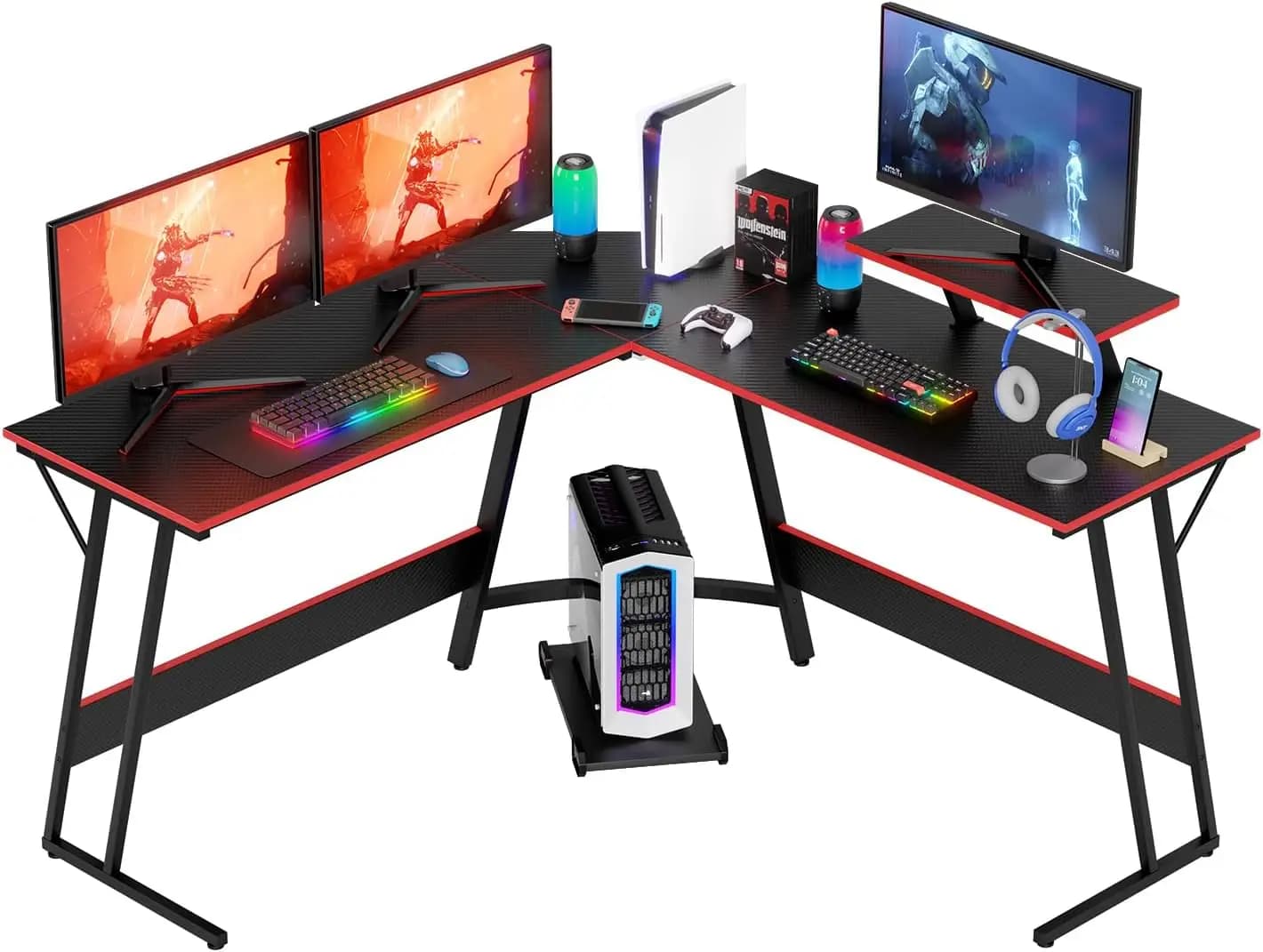 Scrivania da Gaming a L da 51 Pollici, Scrivania Angolare per Computer con Ampio Supporto per Monitor per Ufficio Domestico, Nera