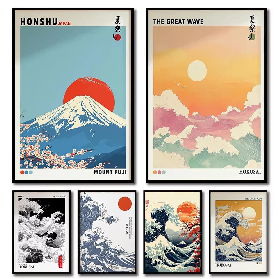 1 Wave Landscape Japanese Wall Art Poster Mount Fuji Sunrise Wave Canvas Print for Modern Living Room Home Decor poster canv