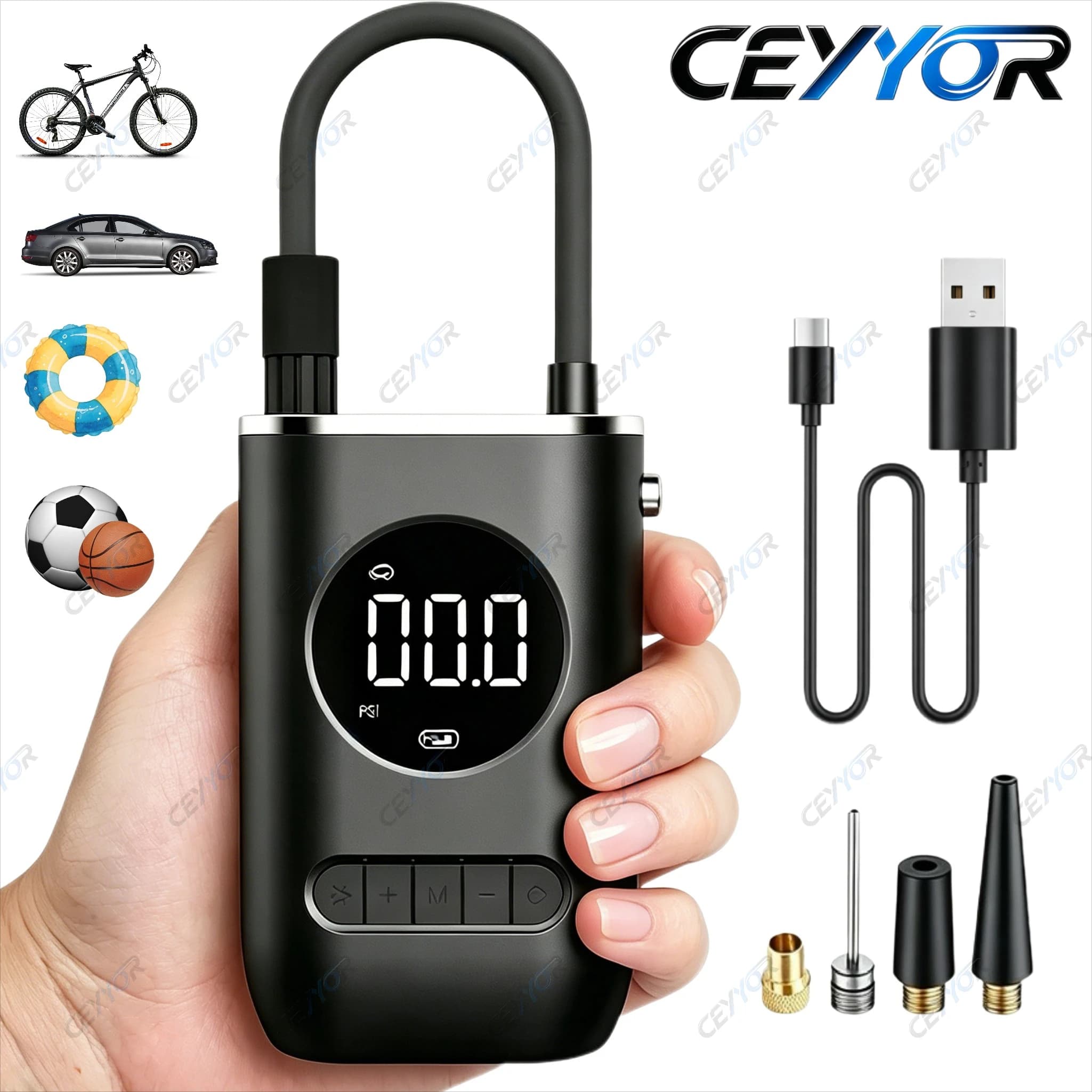 CEYYOR Portable Wireless Air Pump,150PSI Powerful Air Pump with Safety Lithium Battery,Emergency Light for Auto/Motorcycle/Bike