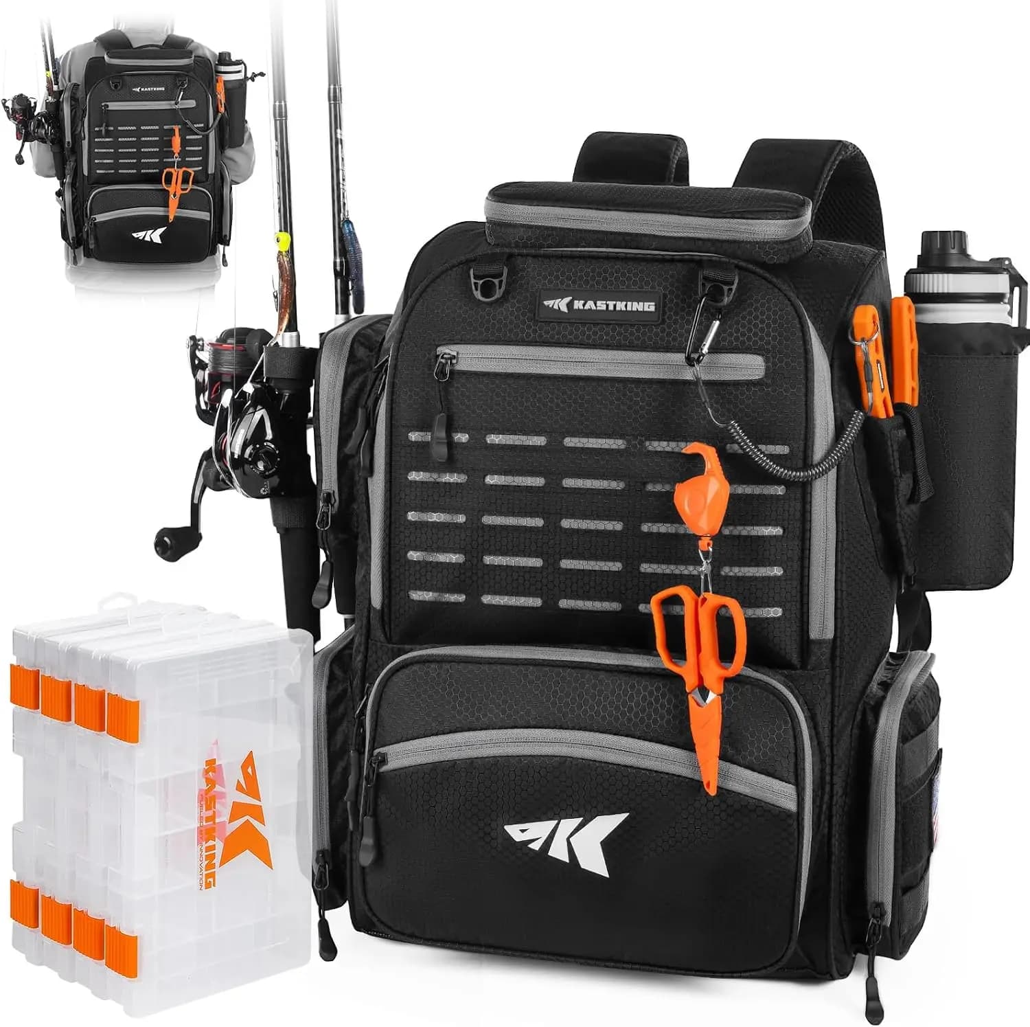 Waterproof Fishing Backpack with Rod Holders, 4 Tackle Boxes & Rain Cover, Large 43L Capacity for Outdoor Adventures