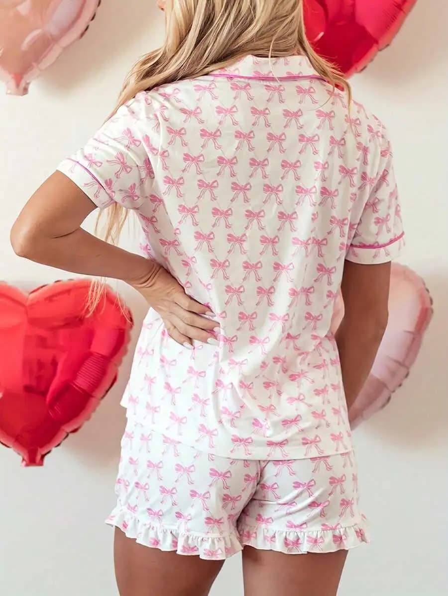 2pcs Women Pajama Set With Bow Print Shorts Collared Sleepwear With Pockets