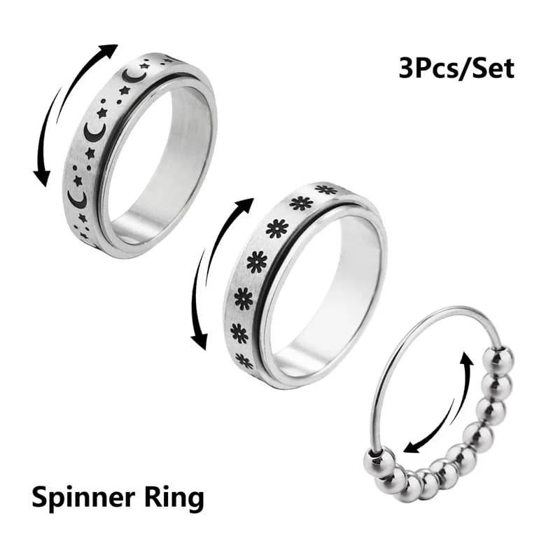 3 pezzi di anelli di filatore di ansia per le donne Set di fasce di Fidget per alleviare lo Stress da uomo con perline di fiori gioielli in acciaio inossidabile con incisione lunare