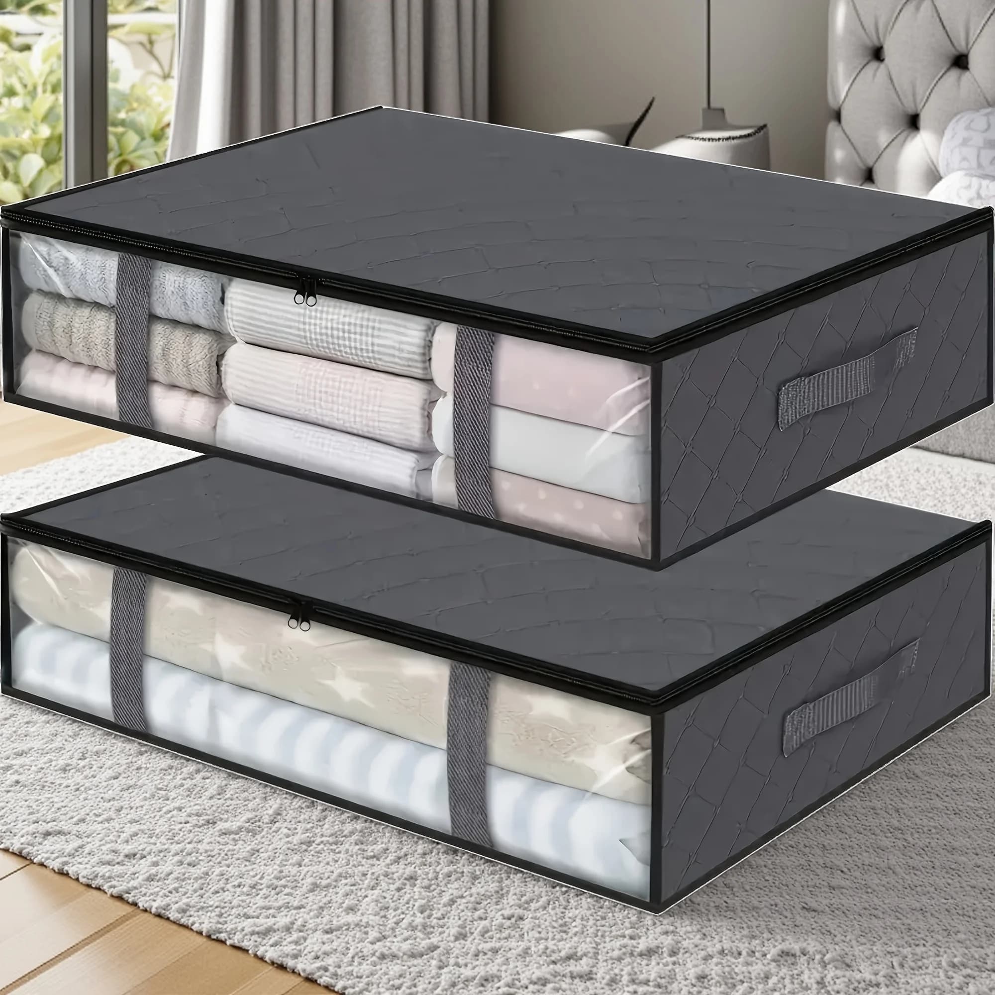 2pcs Large Under Bed Storage Bags Non-woven Clothes Organizer Clear Window Reinforced Handles for Comforters Blankets Bedding