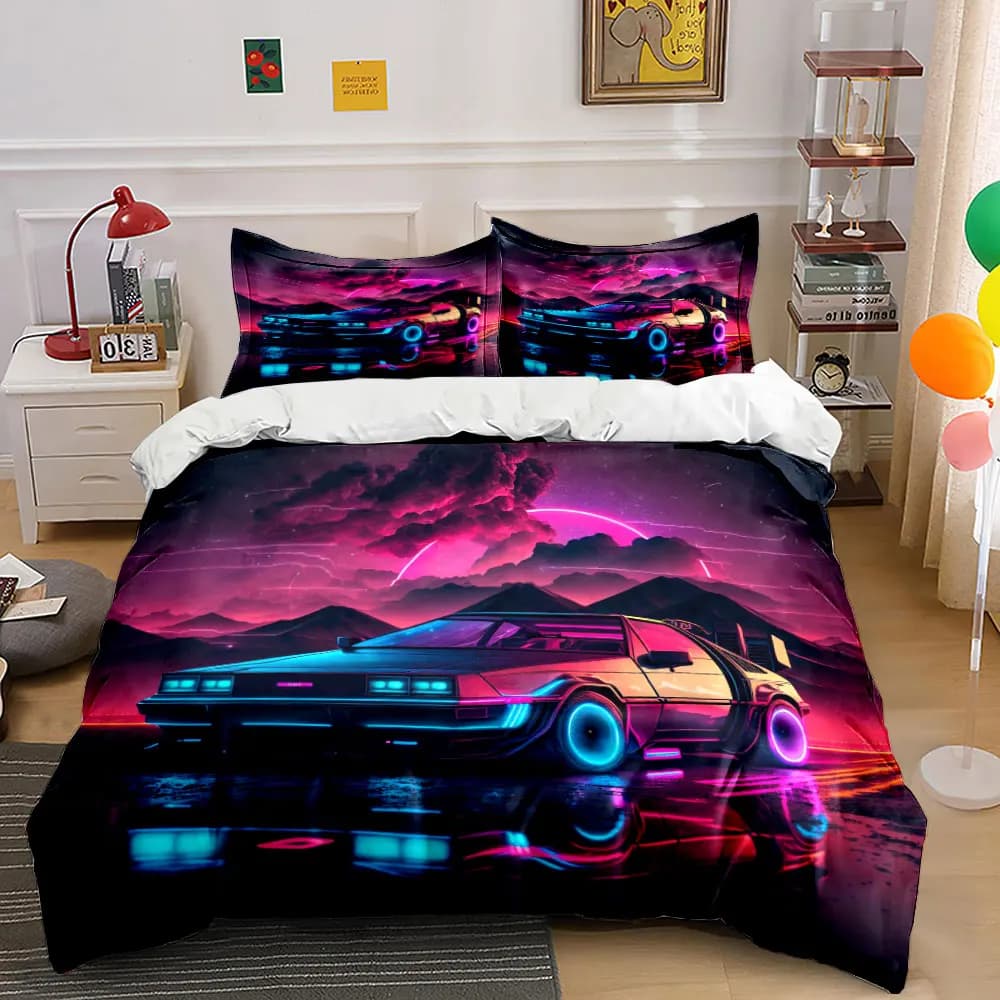 Set copripiumino con motivo neon Sci-Fi Car at Night, stampa digitale, biancheria da letto in poliestere colorato con chiusura a cerniera, per regali per bambini
