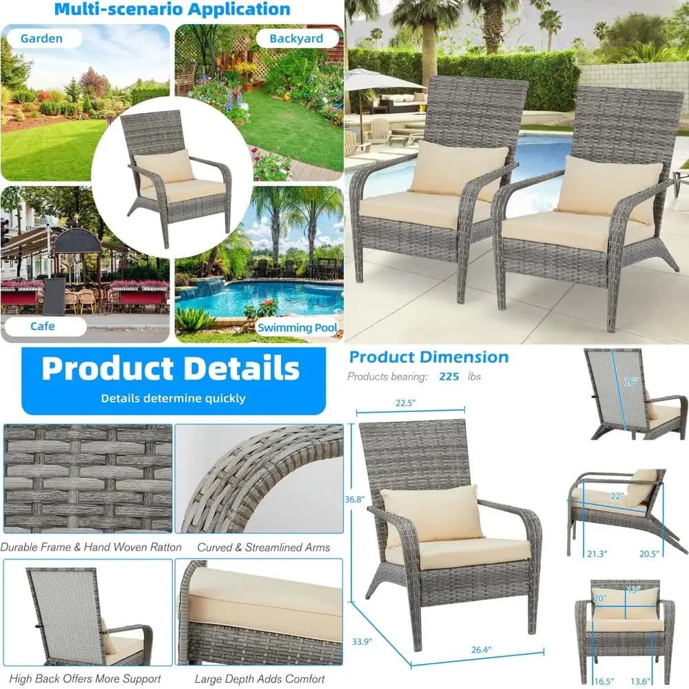 Outdoor Wicker Patio Chairs with Cushions, All-Weather Rattan Dining Chairs for Backyard, Porch, Grey
