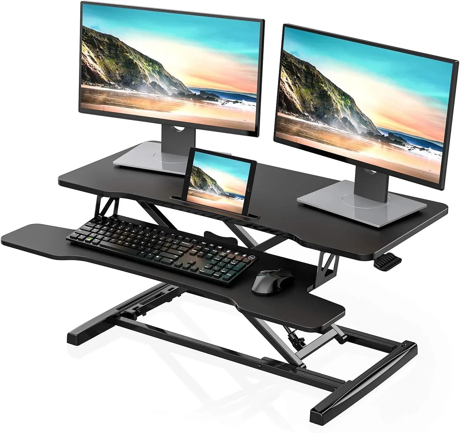 Height Adjustable Standing Desk 36" Wide Sit to Stand Converter for Laptops Dual Monitor Riser Black
