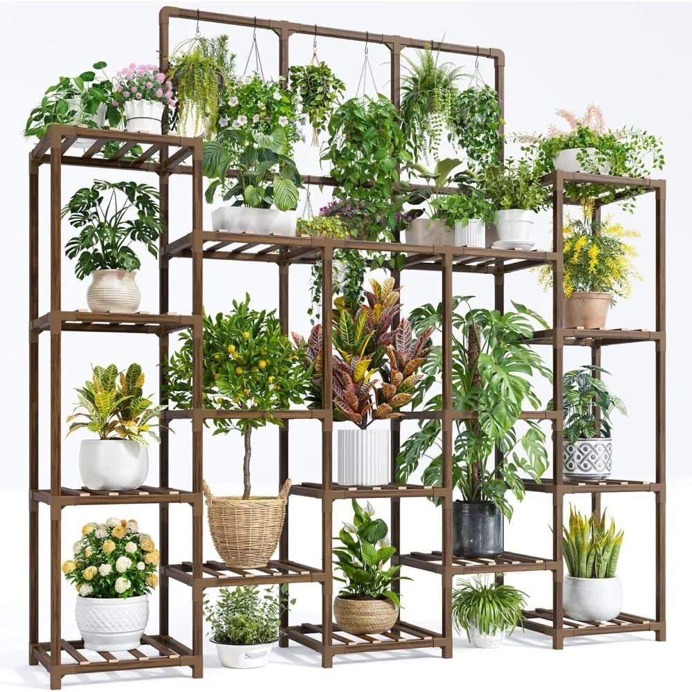 Support for wooden plants at 4 levels for interior and exterior, contains 22 vessels, large capacity, 55.9 in width x 63.1 inches height, robust shelf
