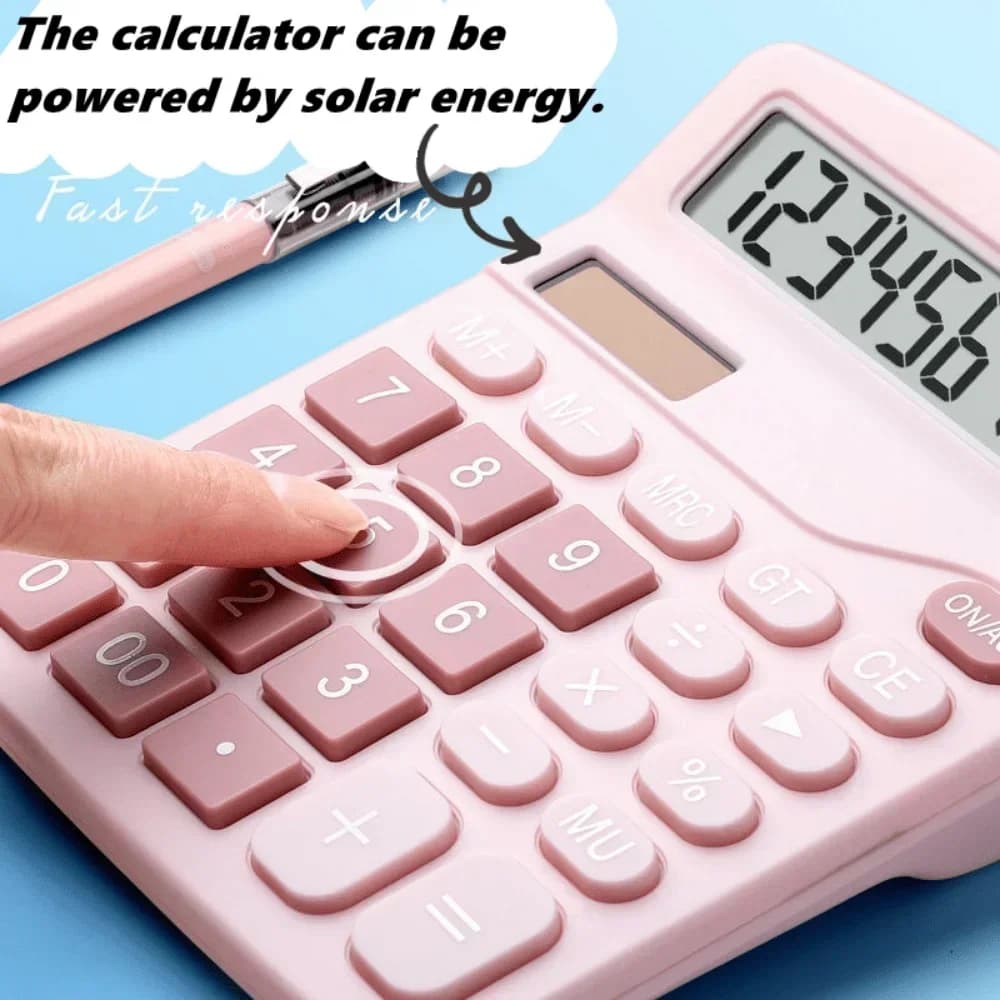Calcolatrici da ufficio Calcolatrice da pannello solare per studenti desktop, calcolatrice carina a doppia alimentazione a 12 cifre con ampio display LCD Pulsante grande