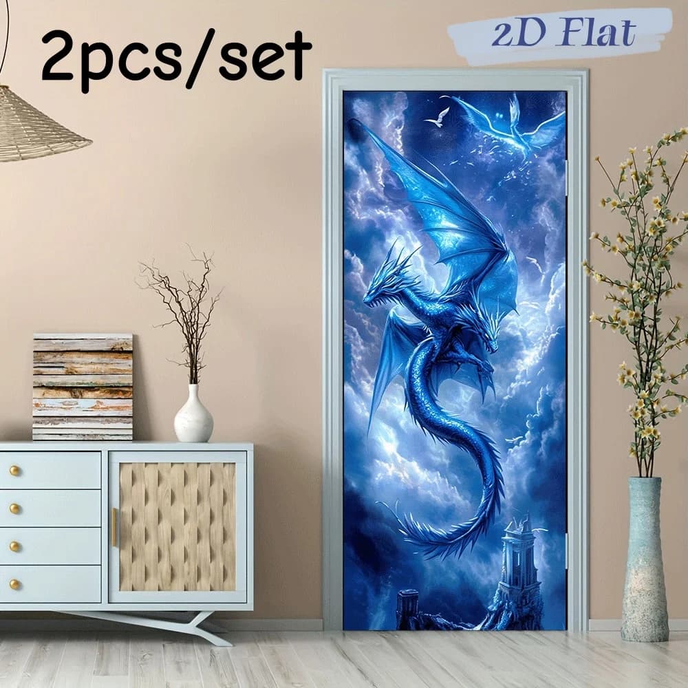 2 Pezzi Adesivi Murali Drago Blu Cristallino Sognante, Stile Cinese, Decorazione Animale Mitologico per Soggiorno, Camera da Letto, Studio