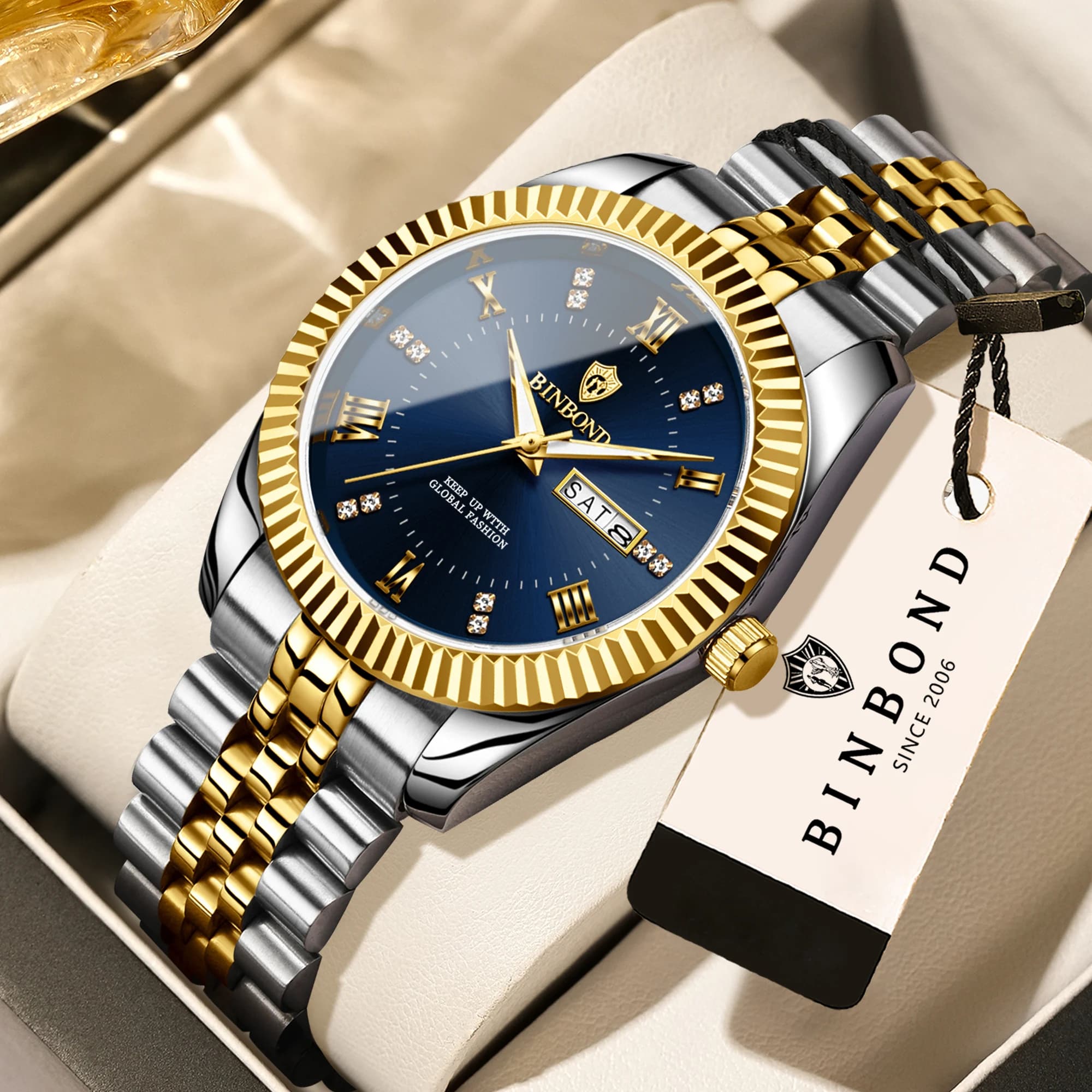 Orologio da uomo BINBOND di lusso con calendario settimanale, movimento al quarzo, impermeabile, luminoso, con cinturino in acciaio, orologio sportivo casual alla moda.