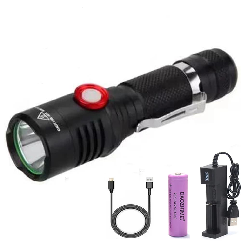 Torce a LED Super luminose 1 modalità impermeabile potente lampada Flash di autodifesa da campeggio USB + batteria 1x18650 + caricabatterie USB