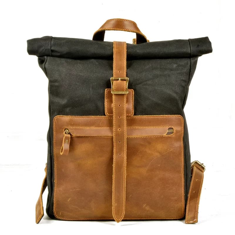 New model simple and retro wax canvas backpack for men, a casual bag with a leather rectangular schoolbag design