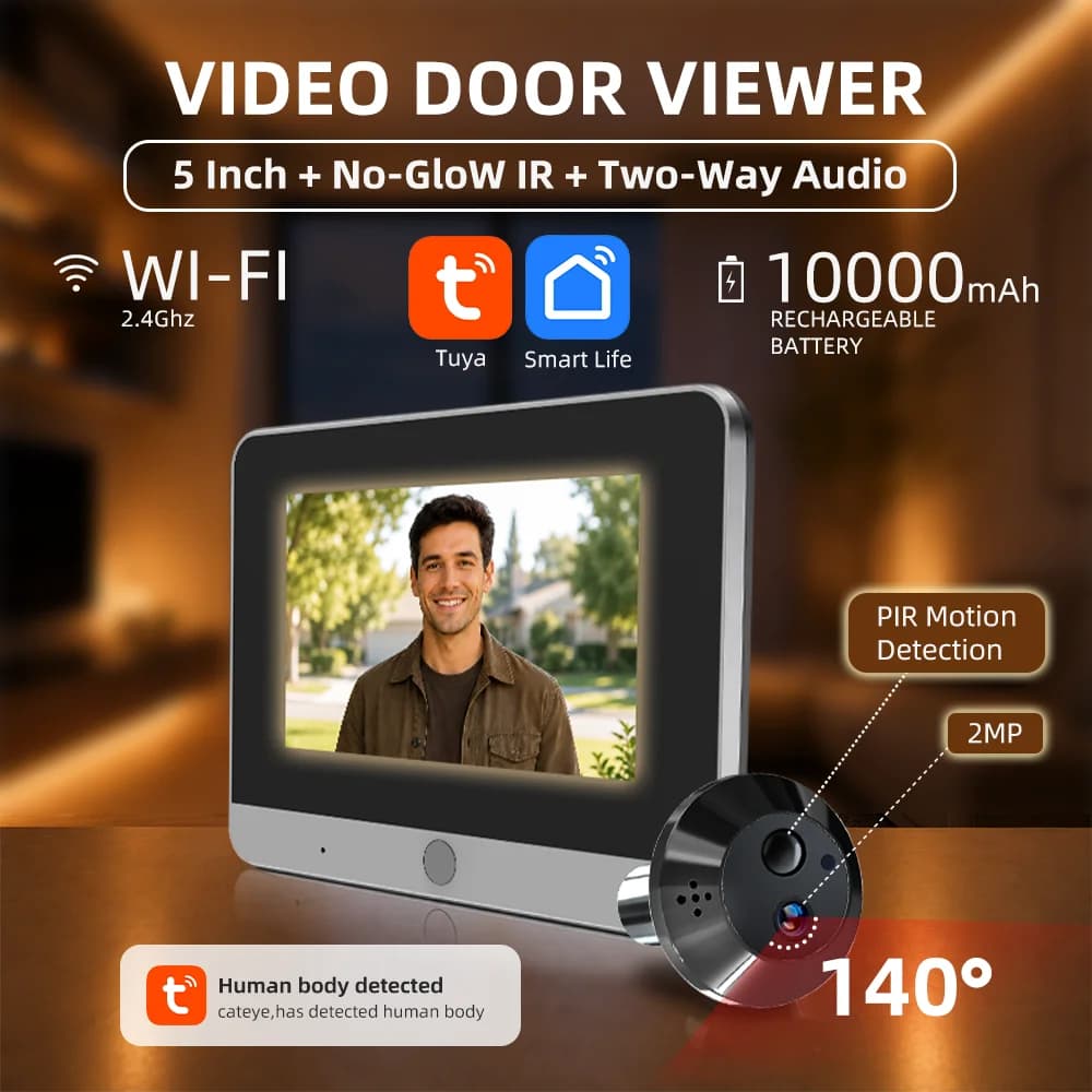 5Inch 10000mAh Two Way Audio 2MP Tuya SmartLife WiFi Digital Door Eye Peephole Viewer Infrared 940NM Night Vision PIR Camera