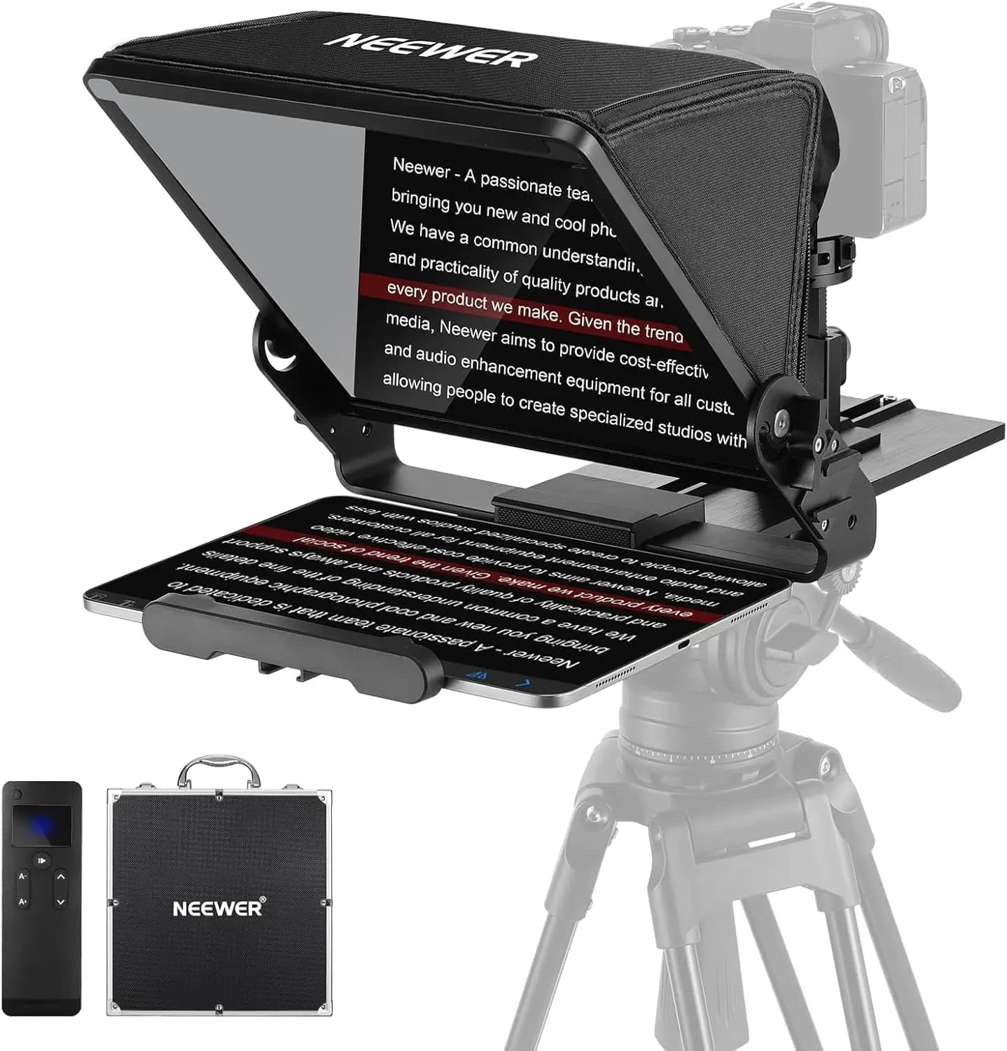 Teleprompter for iPad Tablets with Arca-Type Camera Mount, Cold Shoe, and Wireless Remote; App-Controlled, Perfect for Online Teaching, Vlogging, and Live Streaming – No Assembly Required