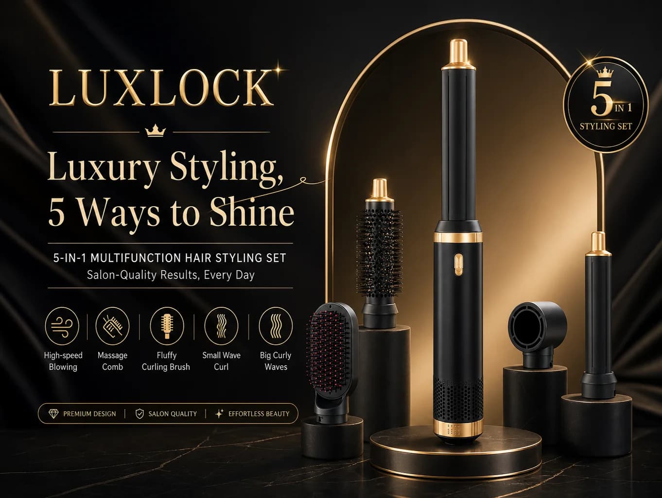 LUXLOCK 5-In-1 Hair Dryer Styling Set Includes A Curling Iron Hot Air Comb Straightener Suitable For Home Styling Women's Gifts