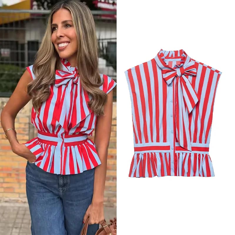 Women's Striped Shirt New 2026 Spring Fashion Lace-Up Bow Sleeveless Pleated Neck Women Tops Simple Lady Shirts & Blouses