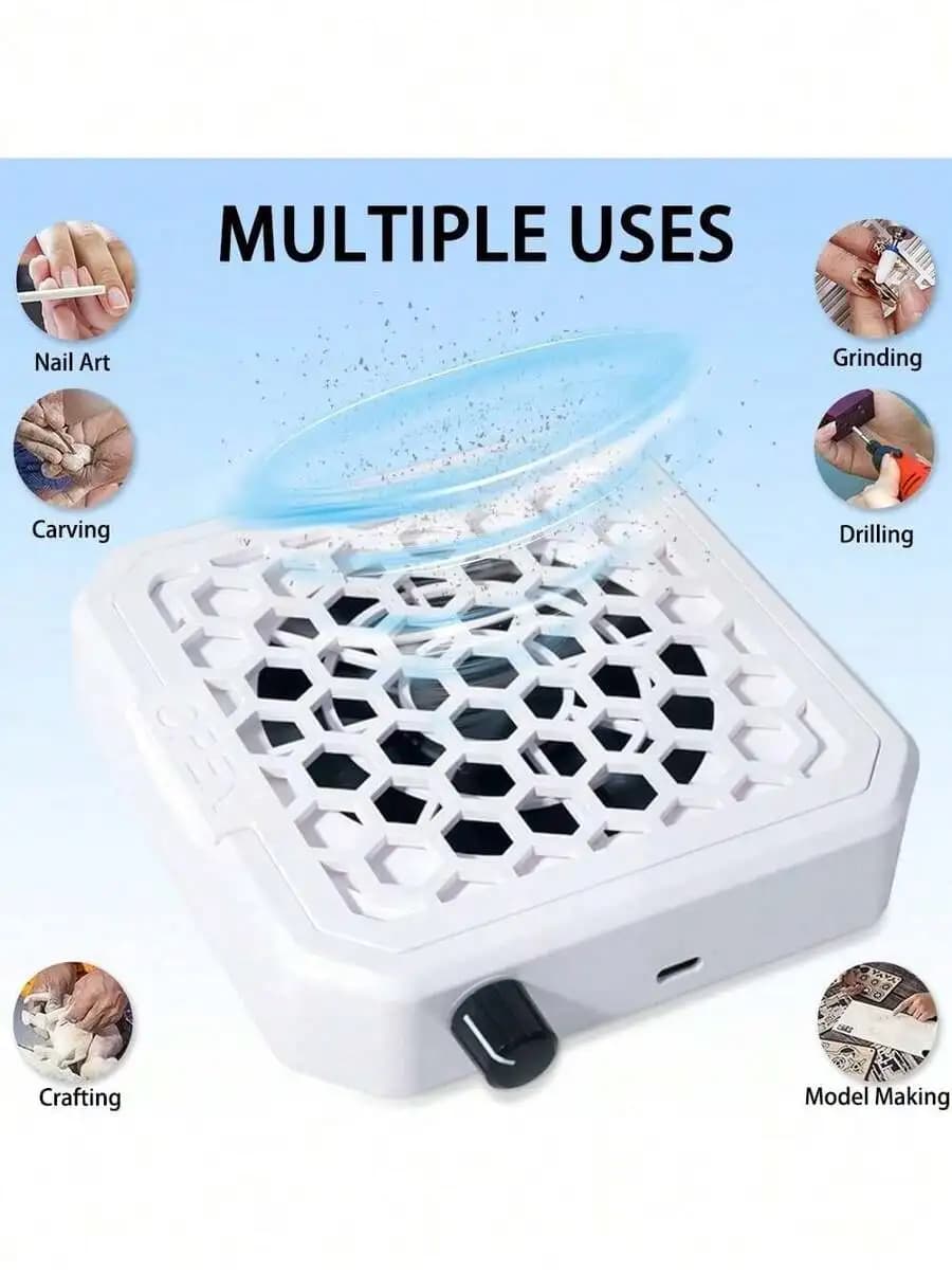 Compact vacuum cleaner for nail powder with honeycomb filter, portable, high suction, for domestic and professional use.