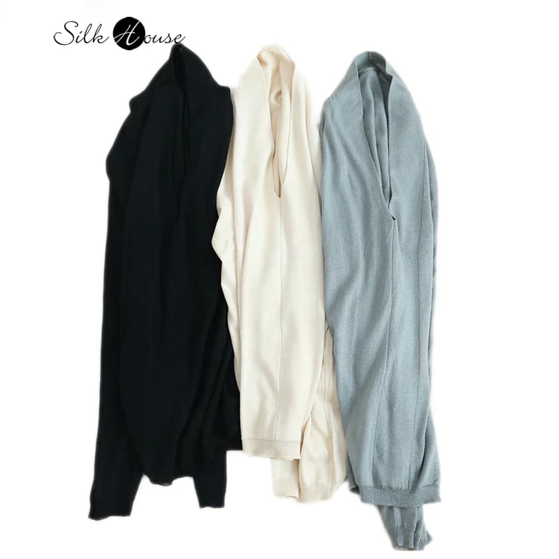 2023 moda donna autunno/inverno nuova seta Cashmere manica lunga sottofondo scollo a v caldo seta di gelso Top t-shirt Pullover lavorato a maglia