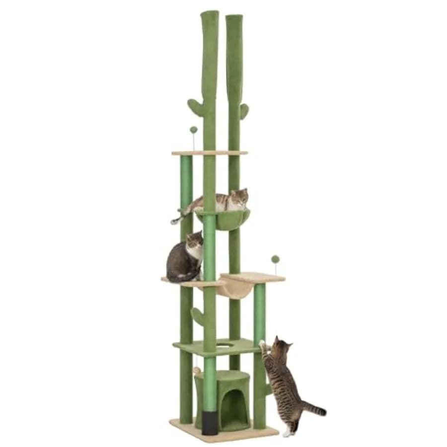 Albero per Gatti da Pavimento a Soffitto, Altezza Regolabile 89-100 cm, Torre Arrampicata per Gatti da Interno a Forma di Cactus con Spazzola per la Toelettatura e Postazione Cuccia