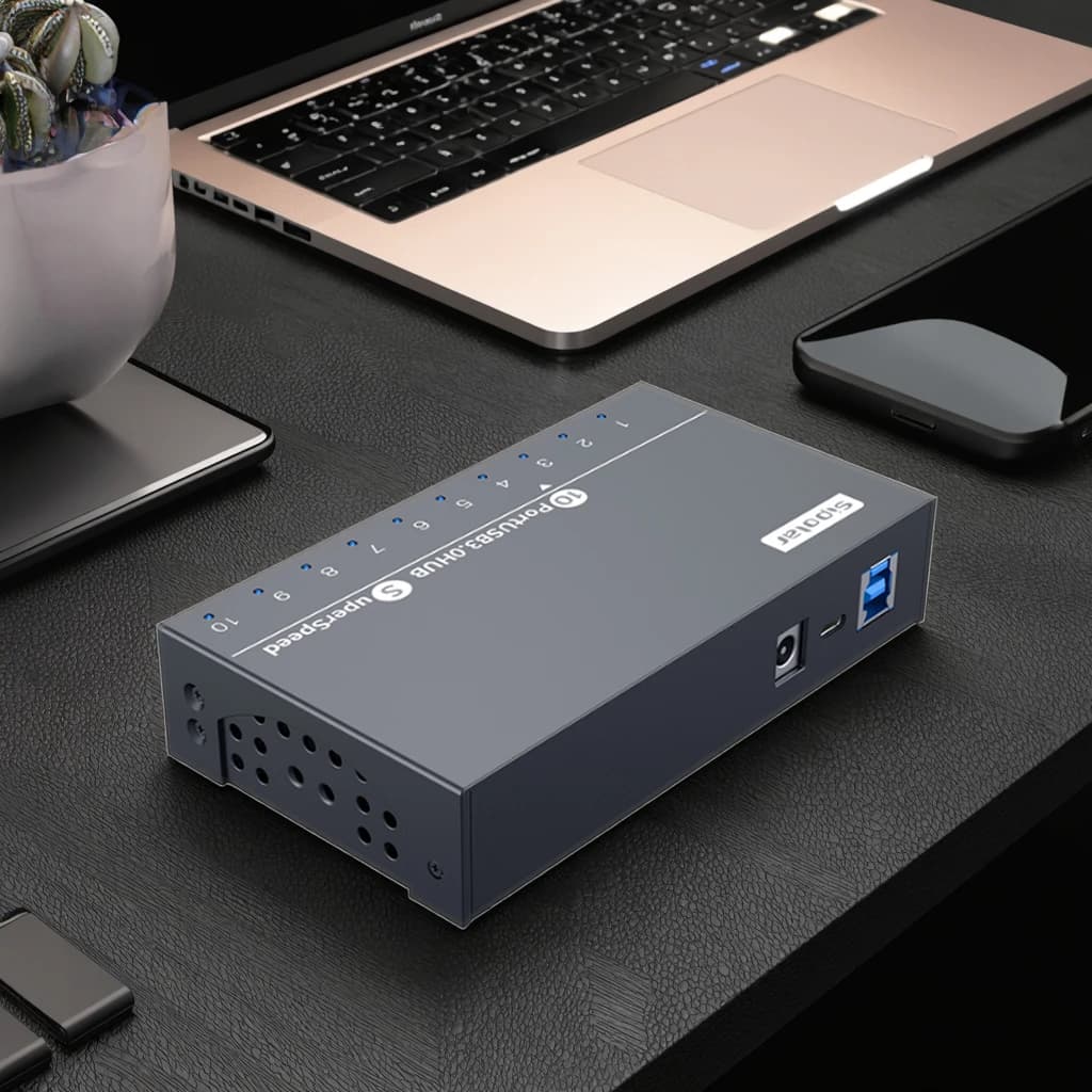 Sipolar A103 10 Ports USB Hub 3.0 Powered Aluminium USB Hub Charger Multiple Port USB Splitter Hub with Power Adapter 60W