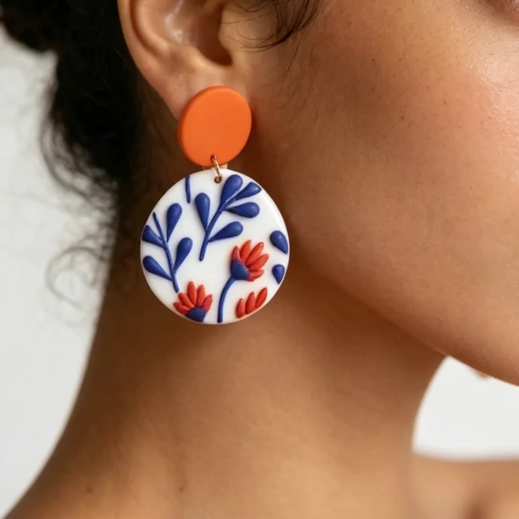 Artsy Folk Art Flower Polymer Clay Earrings Modern Boho Contrast Color Drop 3D Sculpted Leaf Floral Aesthetic Jewelry Trendy