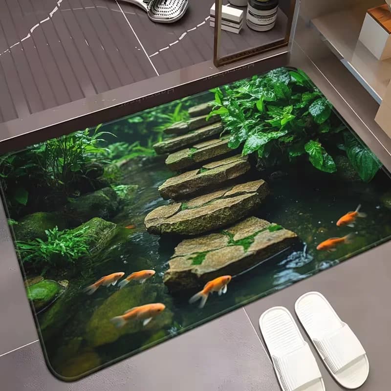 Tappeto d'ingresso antiscivolo morbido con stampa 2D di giardino zen, ruscello, sentiero di pietre, pesci koi e piante, per decorazioni interne ed esterne