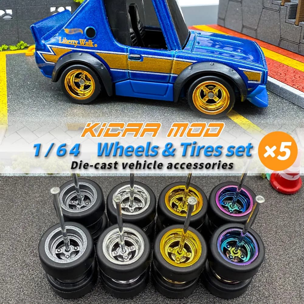 Ruote Staccabili in Gomma 1/64 per Modellini Auto, Pneumatici Slick in ABS per Auto Q Mainline, Parti di Ricambio per Modellini Diecast - Diametro 9,6mm (Set da 5)