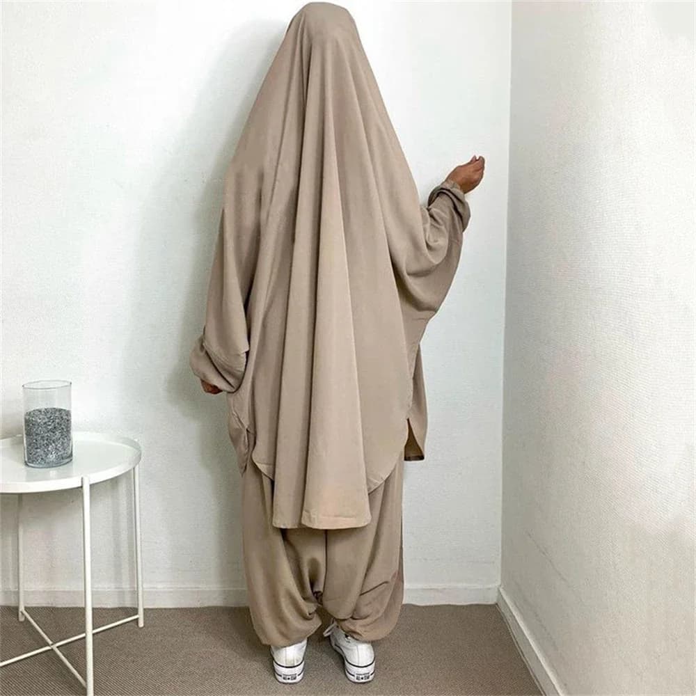 Set da 2 pezzi Ramadan Donne musulmane Pantaloni Khimar Abiti Abbigliamento islamico Eid Con cappuccio sopra la testa Abaya Abaya Abito arabo saudita