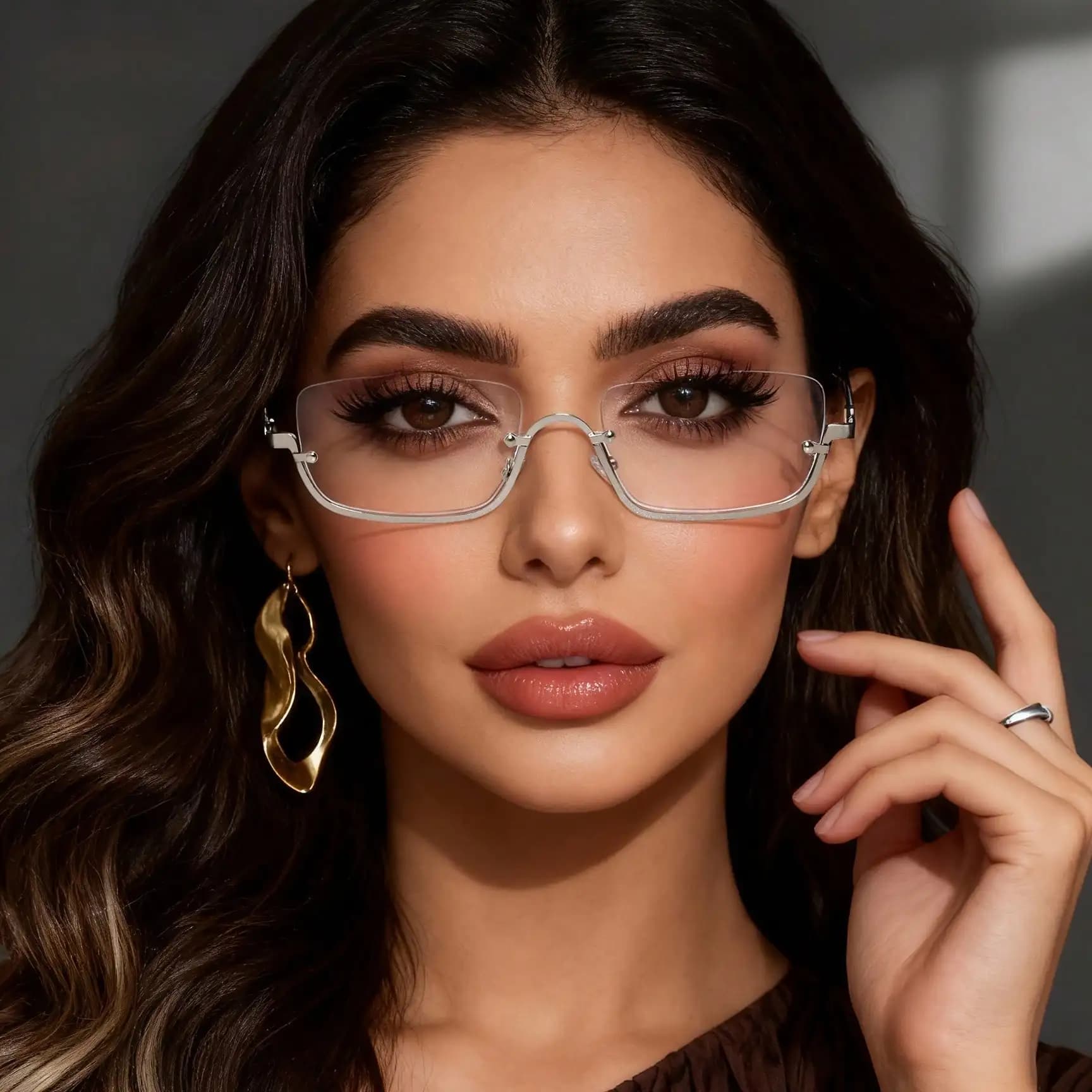1 pair of square metal half-frame glasses, transparent lenses, stainless steel hinges, simple style, casual wear, college style, office commuting