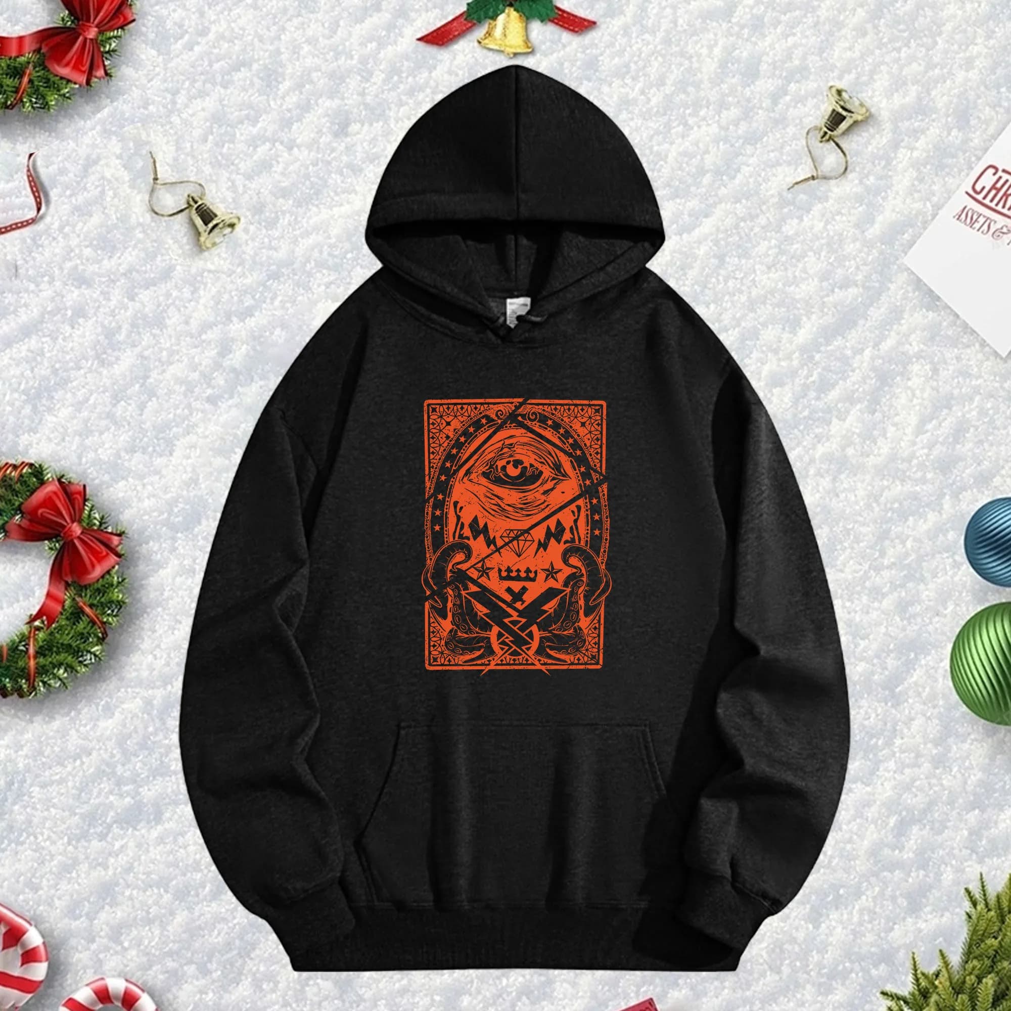 Carte dei tarocchi rotte Felpa con cappuccio unisex nera 270G, felpa in caldo pile per la stagione invernale, abbigliamento per le vacanze di Natale e Capodanno