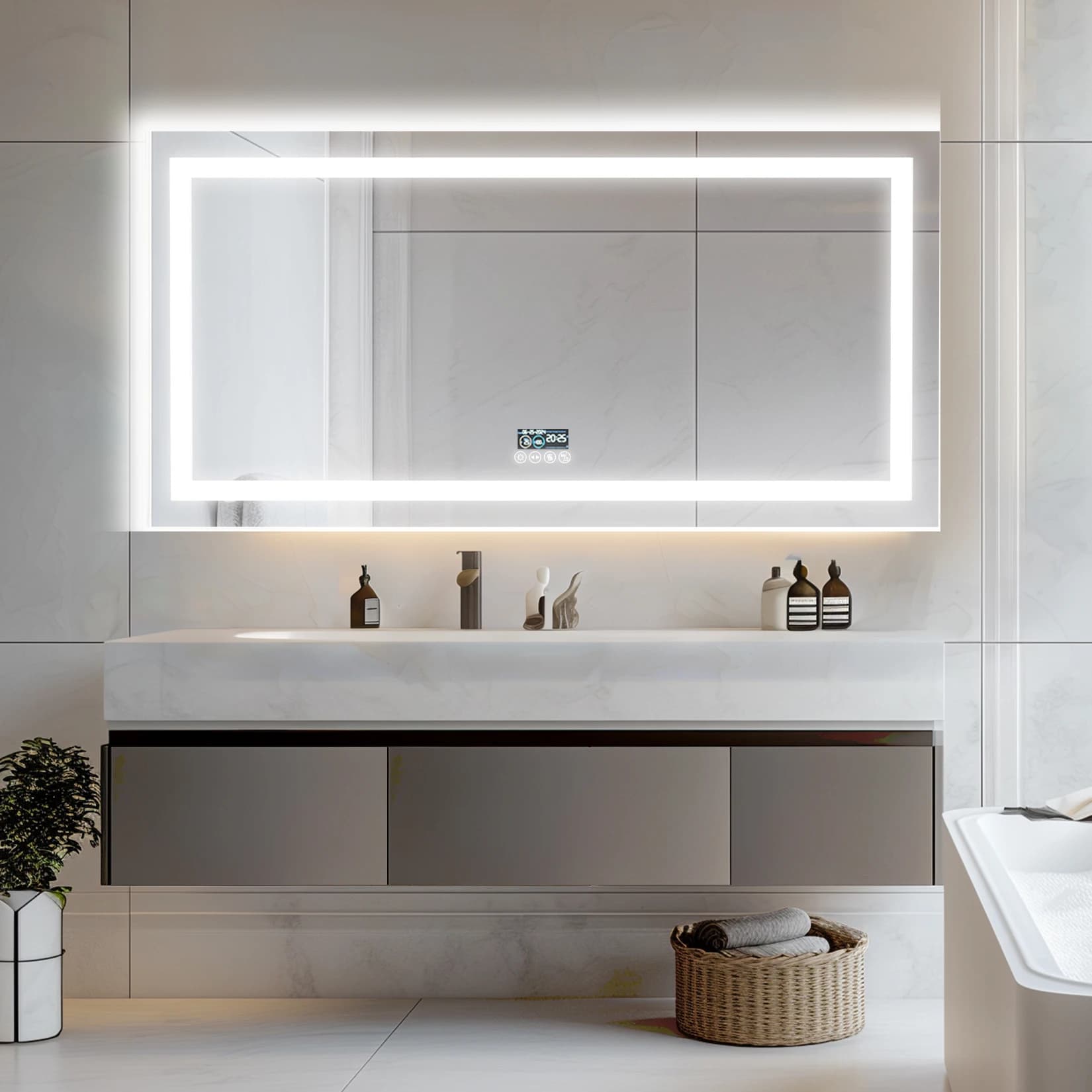 Display digitale Bluetooth intelligente Memoria a 3 colori Wisfor Specchio da bagno a LED con luci Specchio per trucco Vanity Dimmerabile