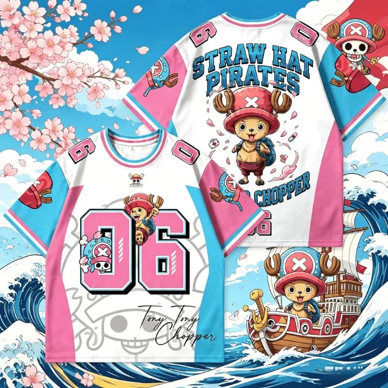 Nuova Maglia One Piece Tony Tony Chopper 06 da Uomo, Manica Corta, Collo a V, Rosa e Blu, Grafica Anime, Stile Casual Streetwear