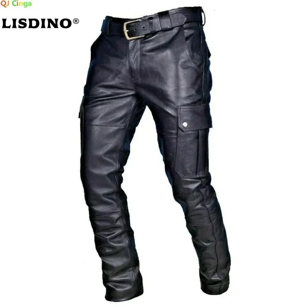 Pantaloni da moto in pelle da uomo con tasche cargo, neri, pantaloni in PU senza cintura, pantaloni da uomo taglia grande S-5XL