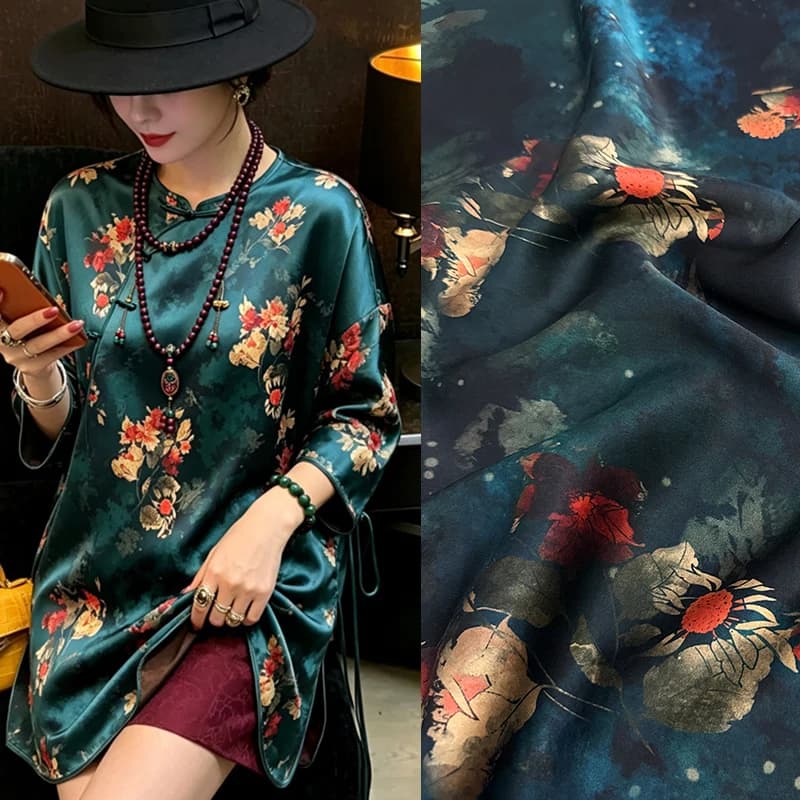 114CM Wide 26MM Floral Printed Hole-through Ink Blue Black Hualuo Silk Fabric for DIY Sewing Blouse Pants Dress Pajamas R7097