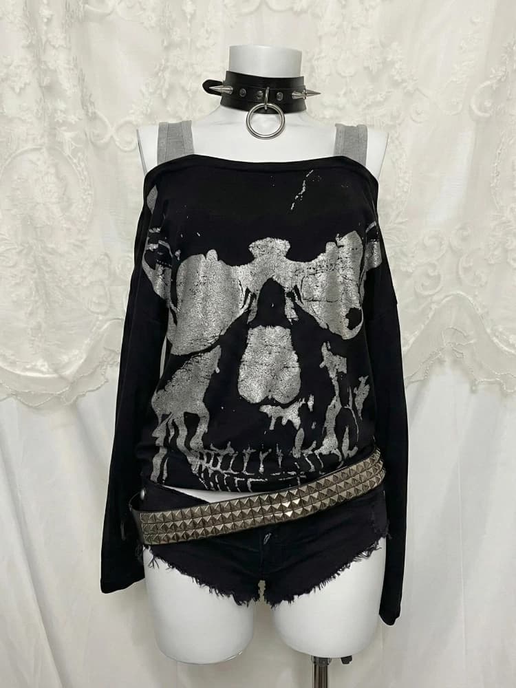 T-shirt stile gotico Teschio Stampa Sottocultura Punk Top Autunno Donna Falso in due pezzi T-shirt Y2k Chic Harajuku T-shirt a maniche lunghe