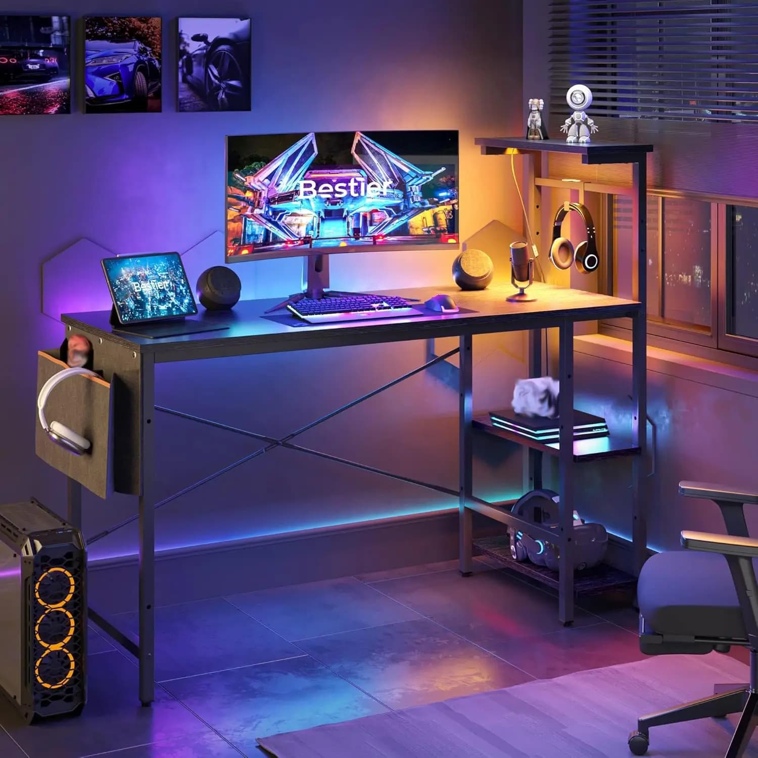 Scrivania da gioco da 51,3 pollici con luci a LED, ripiani regolabili, custodia e ganci per l'home office
