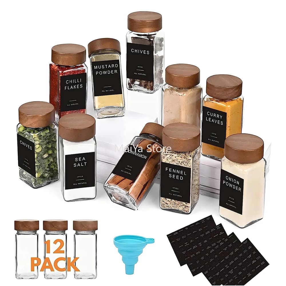 Barattoli di spezie quadrati in vetro da 12 pezzi da 4 once con coperchi in legno: include coperchi shaker e etichette pre-stampate per riporre oggetti (bottiglie vuote)