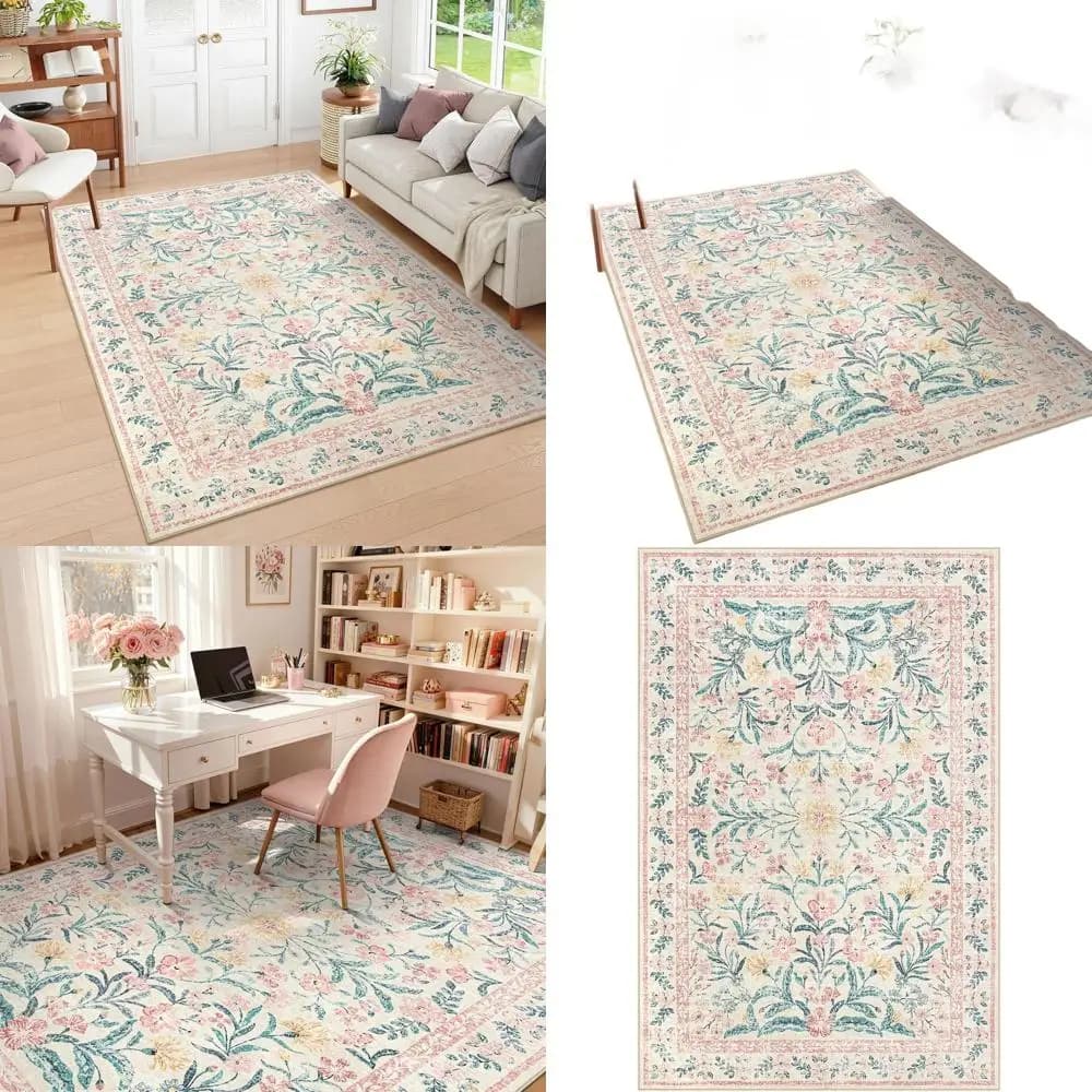 6x9 Washable Pink Floral Carpet, Soft Boho Style Carpet for Bedroom, Living Room, Children's Room and Sleeping Room