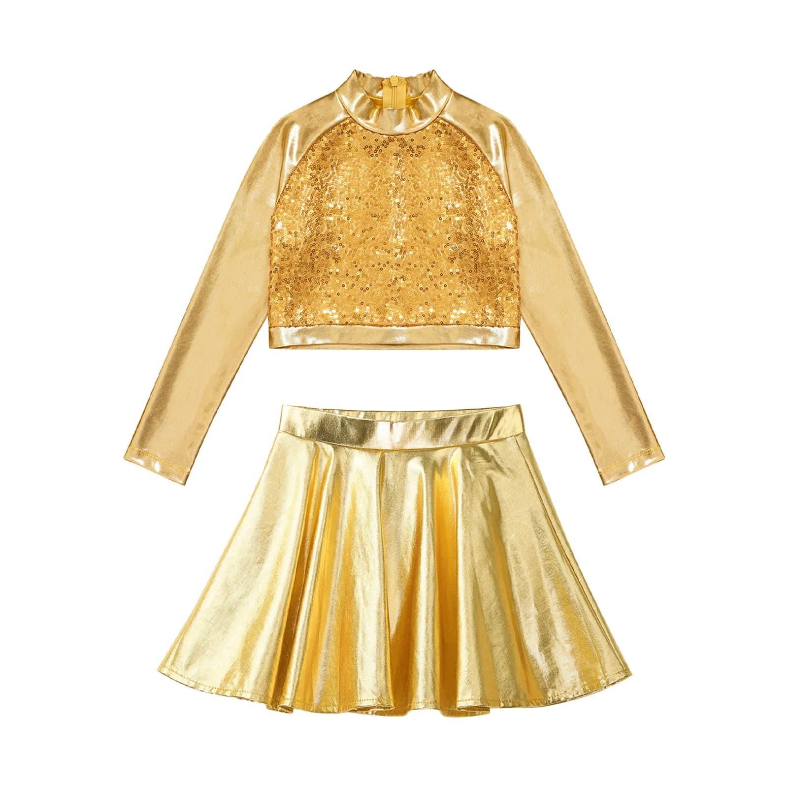 Completo da ballo per bambine a due pezzi: top corto a maniche lunghe con paillettes e gonna corta per pattinaggio artistico, ideale per jazz, tango e cheerleading