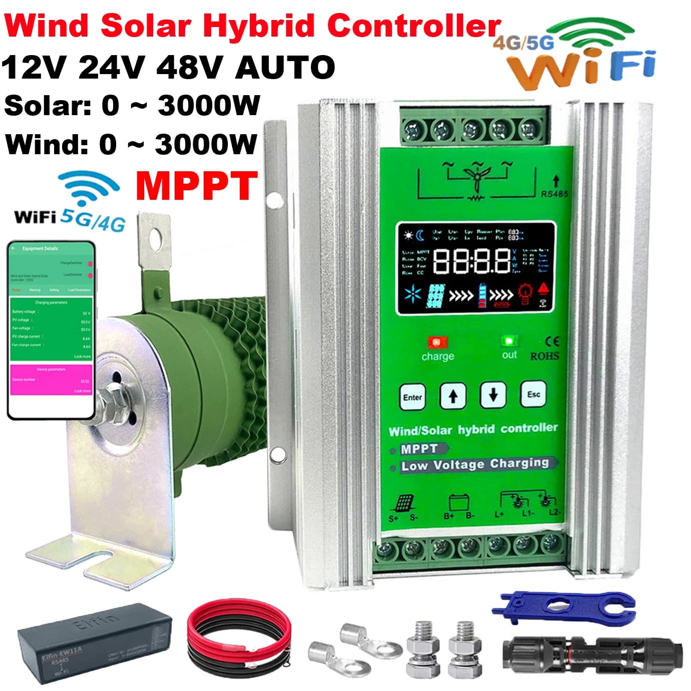 MARS 5000W 6KW ROCK Regolatore Ibrido Eolico MPPT con Caricabatterie Solare, Equalizzatore e Display LCD per Batterie al Litio LiFePO4 e Altre