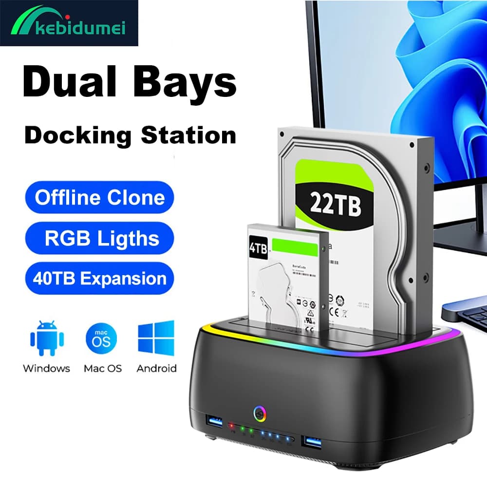 Docking station per HDD da 5 Gbps Adattatore da SATA a USB 3.0 per 2.5 3.5 SSD RGB Effetto luci HDD Dock Custodia per disco rigido Docking station