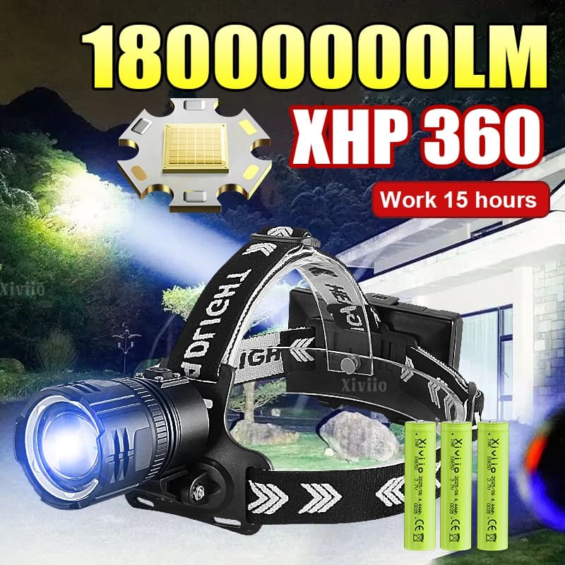 18000000lm Lancia anteriore ad alta potenza XHP360 Feele ricaricabile di lanterna ricaricabile 18650 Flashlight Light Testa Light Fishing Head Lantern