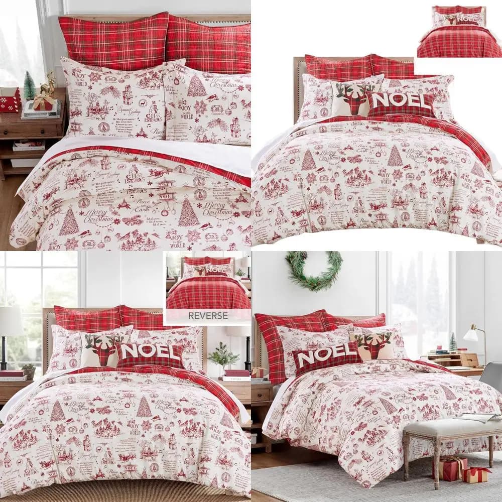 King Size Christmas Script headdress set in red and cream with 2 pillowcases - 106x94