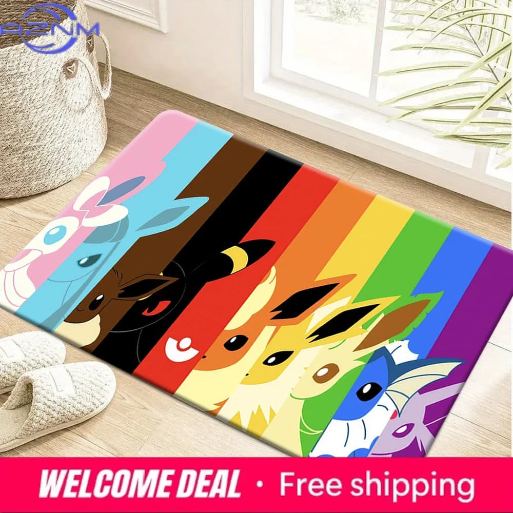 Rainbow Striped Eevee Evolution Family Print Non-slip Doormat, Soft Absorbent Floor Mat for Home Entrance Living Room Bedroom De