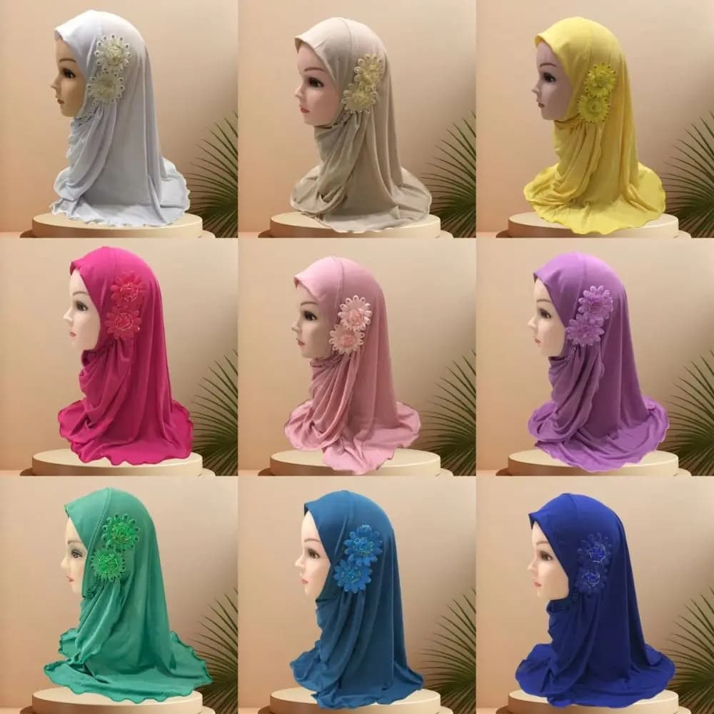 Hijab per Bambine con Fiori, Turbante da 50cm, Cappello da Preghiera Musulmano, Copricapo Elastico, Sciarpa Islamica, Stile Dubai Arabo