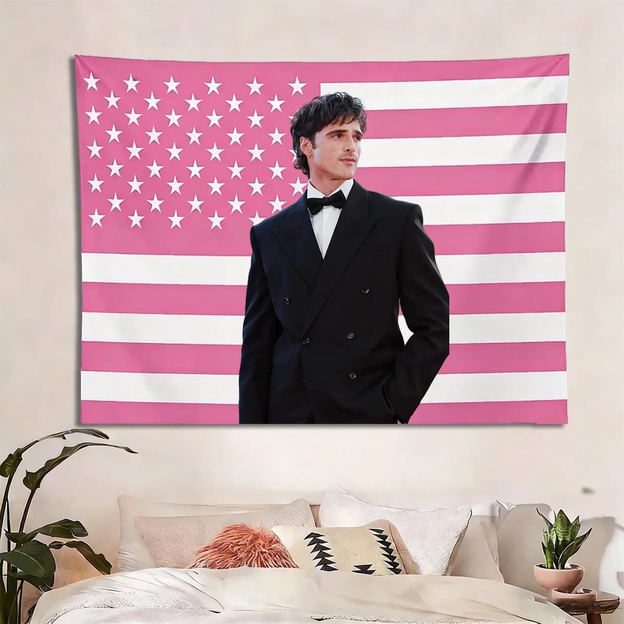 J-Jacob Elordi Pink American Flag Tapestry, Aesthetic Wall Art, Bedroom Dorm Decor, Celebrity Fan Room Gift