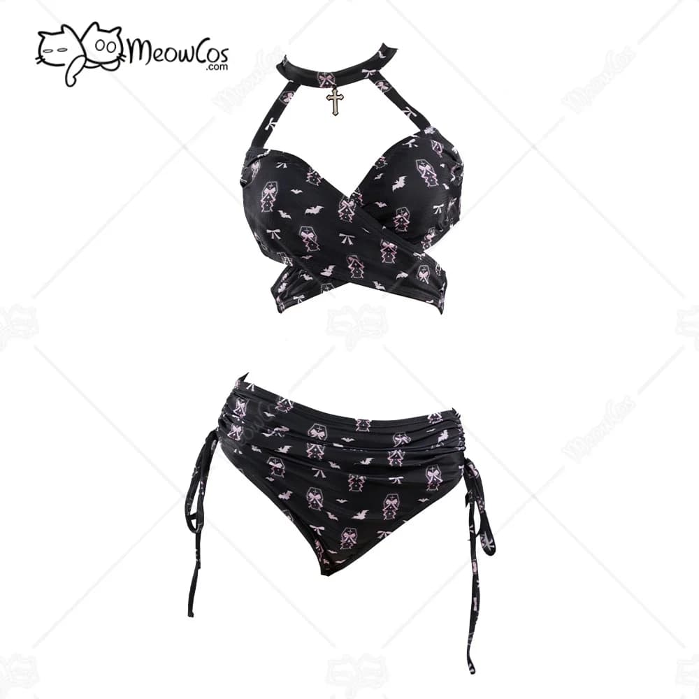 Meowcos Costume da bagno donna Beauty Gothic nero e rosa con stampa bara Costume da bagno bikini a due pezzi con scollo all'americana e fondo