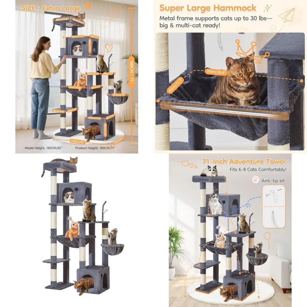 Robusta torre per gatti 71 per gatti di grandi dimensioni oltre 20 libbre, 2 condomini, 6 tiragraffi, amaca, giocattoli, cestino, grigio fumo