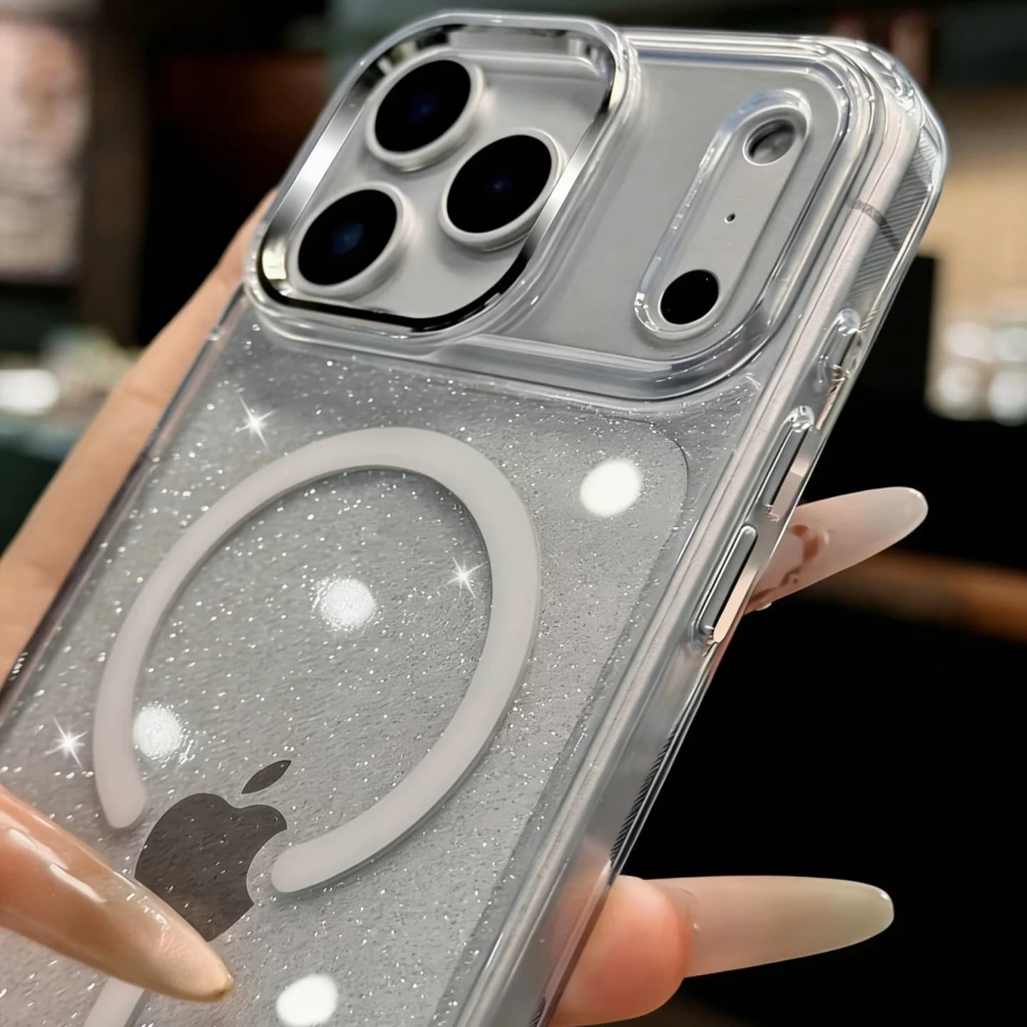 Custodia Magnetica Bling Glitter per Ricarica Wireless per iPhone 17 Air 15 14 Plus 13 12 Pro Max con Cornice Metallica per Lenti e Cover Trasparente in Acrilico Compatibile con MagSafe